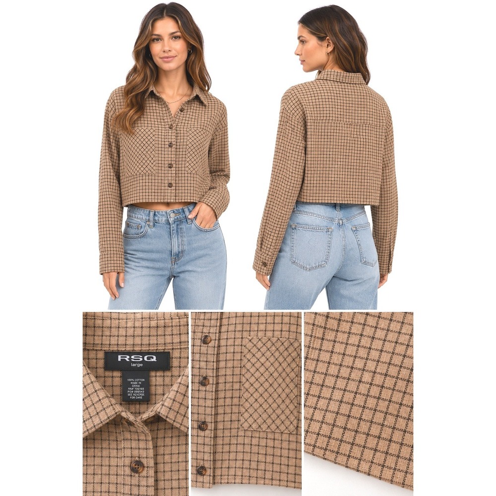 RSQ Womens Large Tan Brown Plaid Cropped Flannel Shirt Raw Hem Grunge Y2K